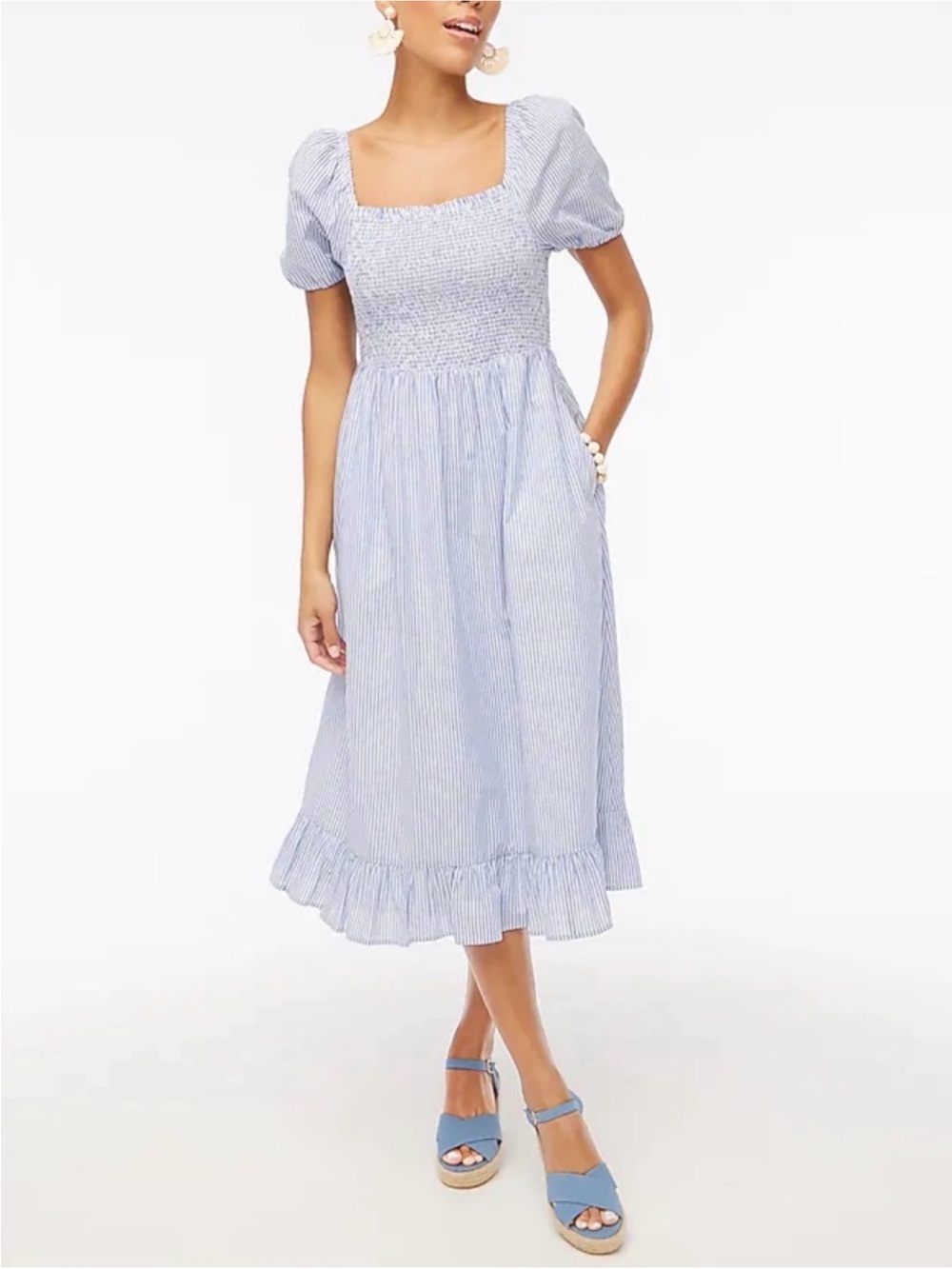 J.Crew factory Blue Striped Puff-Sleeve midi Dress - Picture 4 of 9